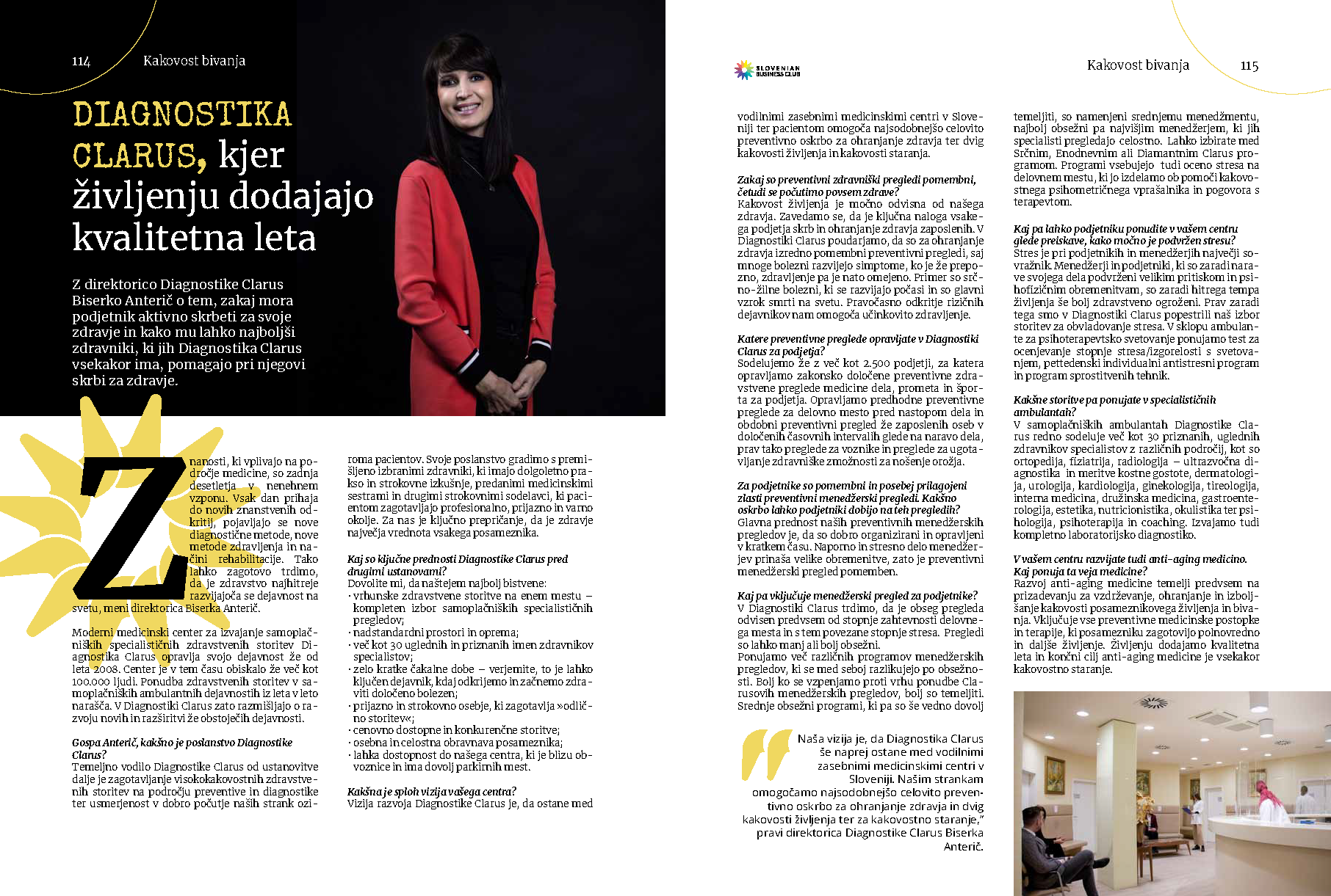 Intervju katerega je podala direktorica Diagnostike Clarus Biserka Anterič za revijo Slovenian Business Club
